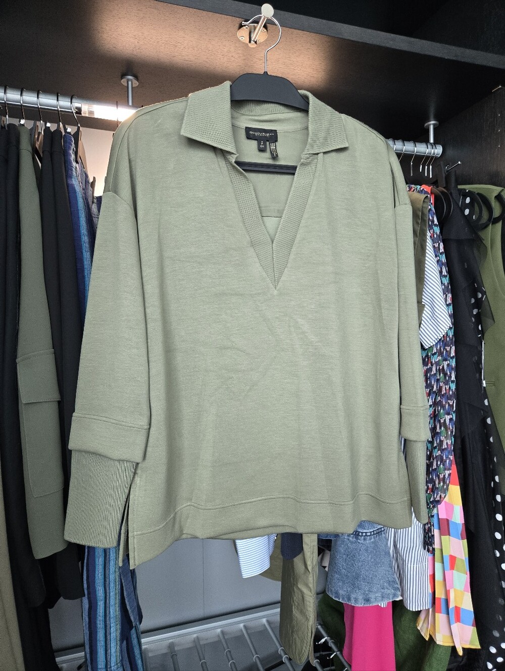 Donna Karan Olive Green V-Neck Polo-Style Sweater